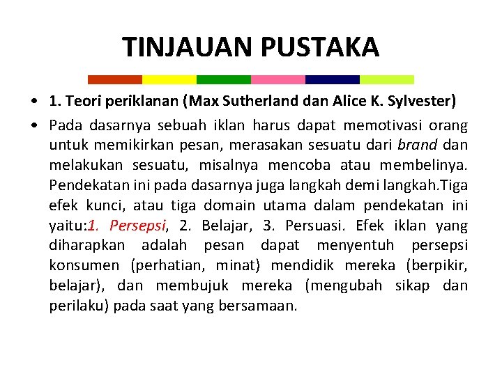 TINJAUAN PUSTAKA • 1. Teori periklanan (Max Sutherland dan Alice K. Sylvester) • Pada