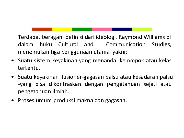Terdapat beragam definisi dari ideologi, Raymond Williams di dalam buku Cultural and Communication Studies,