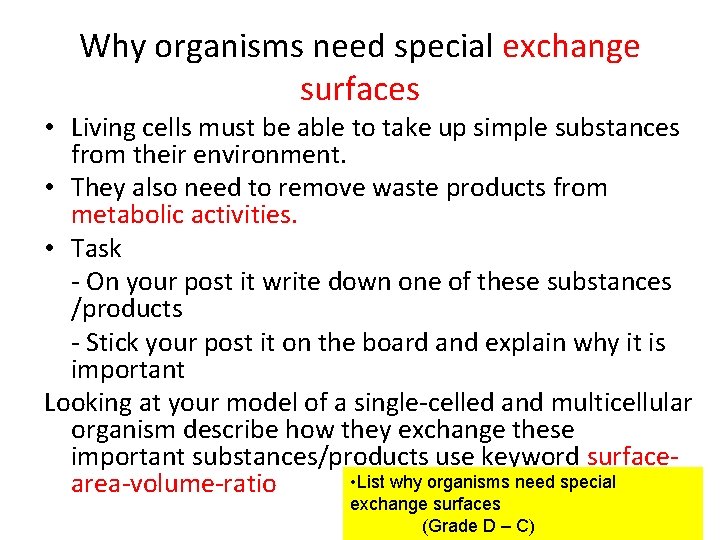 Why organisms need special exchange surfaces • Living cells must be able to take Why organisms need special exchange surfaces • Living cells must be able to take
