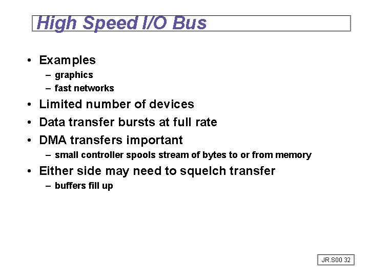High Speed I/O Bus • Examples – graphics – fast networks • Limited number