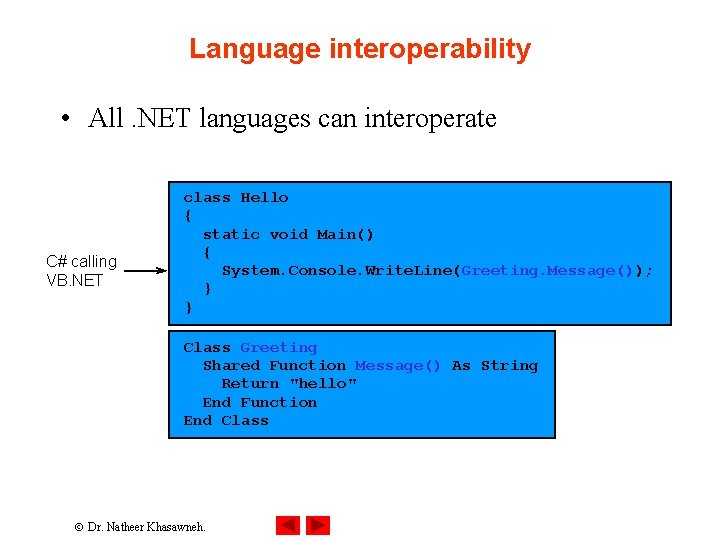 Language interoperability • All. NET languages can interoperate C# calling VB. NET class Hello Language interoperability • All. NET languages can interoperate C# calling VB. NET class Hello