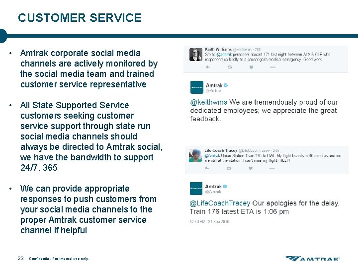 CUSTOMER SERVICE • Amtrak corporate social media channels are actively monitored by the social CUSTOMER SERVICE • Amtrak corporate social media channels are actively monitored by the social