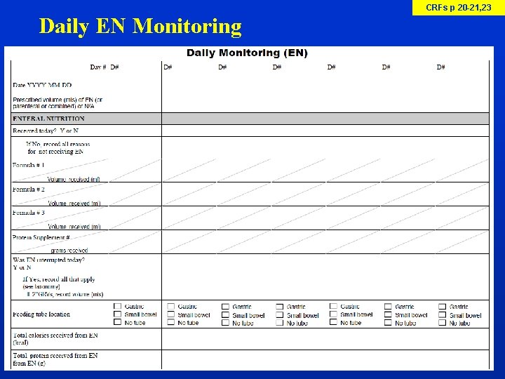 CRFs p 20 -21, 23 Daily EN Monitoring 