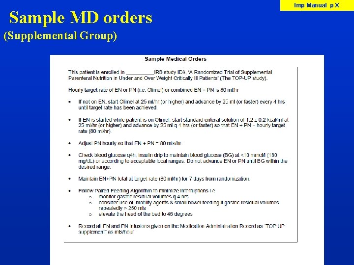  Sample MD orders (Supplemental Group) Imp Manual p X 