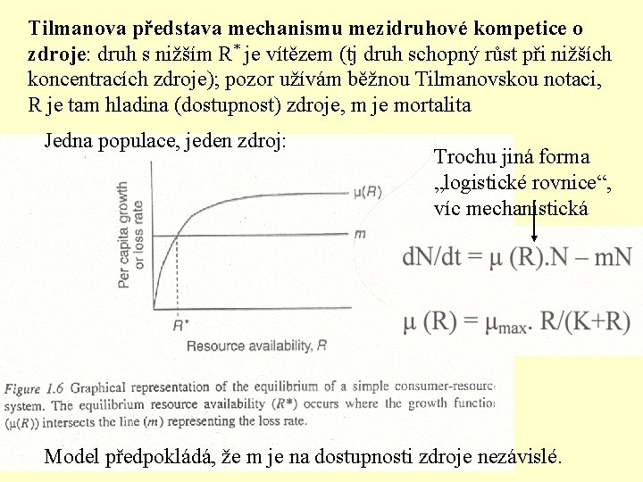 Tilmanova představa mechanismu mezidruhové kompetice o zdroje: druh s nižším R* je vítězem (tj