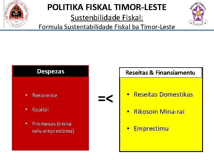 POLITIKA FISKAL TIMOR-LESTE Sustenbilidade Fiskal: Formula Sustentabilidade Fiskal ba Timor-Leste Despezas Reseitas & Finansiamentu