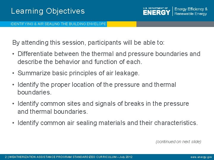Learning Objectives IDENTIFYING & AIR SEALING THE BUILDING ENVELOPE By attending this session, participants