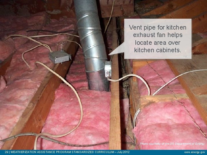 Vent pipe for kitchen exhaust fan helps locate area over kitchen cabinets. Photo courtesy