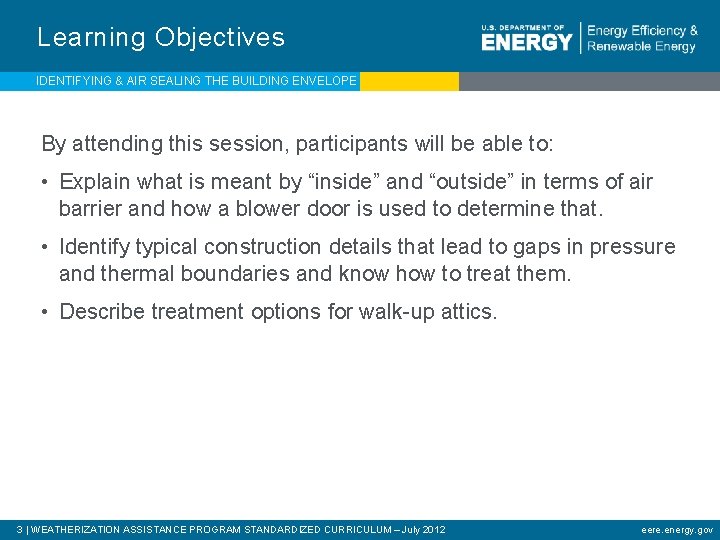 Learning Objectives IDENTIFYING & AIR SEALING THE BUILDING ENVELOPE By attending this session, participants