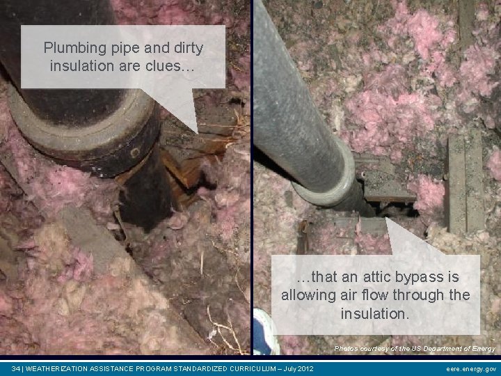 Plumbing pipe and dirty insulation are clues… …that an attic bypass is allowing air