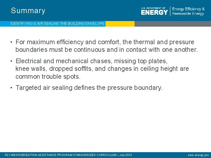 Summary IDENTIFYING & AIR SEALING THE BUILDING ENVELOPE • For maximum efficiency and comfort,