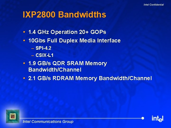 IXP 2800 Bandwidths 1. 4 GHz Operation 20+ GOPs 10 Gbs Full Duplex Media