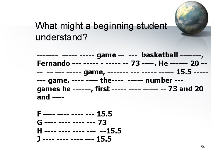 What might a beginning student understand? ------- game -- --- basketball -------, Fernando -----
