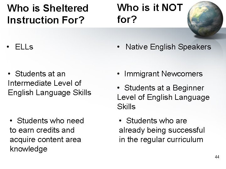 Who is Sheltered Instruction For? Who is it NOT for? • ELLs • Native