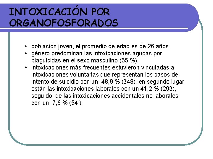 INTOXICACIÓN POR ORGANOFOSFORADOS • población joven, el promedio de edad es de 26 años. INTOXICACIÓN POR ORGANOFOSFORADOS • población joven, el promedio de edad es de 26 años.
