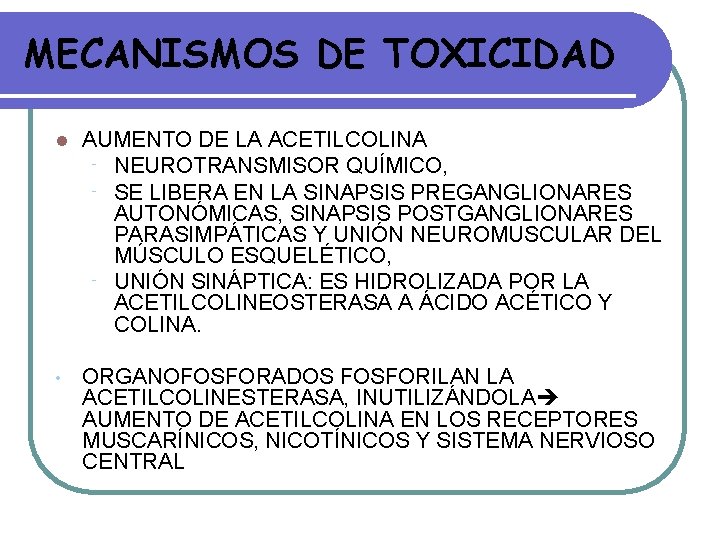 MECANISMOS DE TOXICIDAD l AUMENTO DE LA ACETILCOLINA ⁻ NEUROTRANSMISOR QUÍMICO, ⁻ SE LIBERA MECANISMOS DE TOXICIDAD l AUMENTO DE LA ACETILCOLINA ⁻ NEUROTRANSMISOR QUÍMICO, ⁻ SE LIBERA