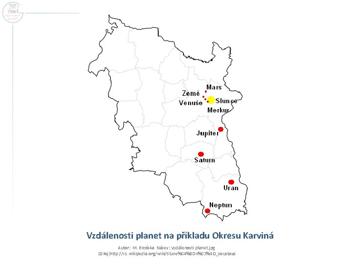 Vzdálenosti planet na příkladu Okresu Karviná Autor: M. Brzóska Název: Vzdálenosti planet. jpg Zdroj: