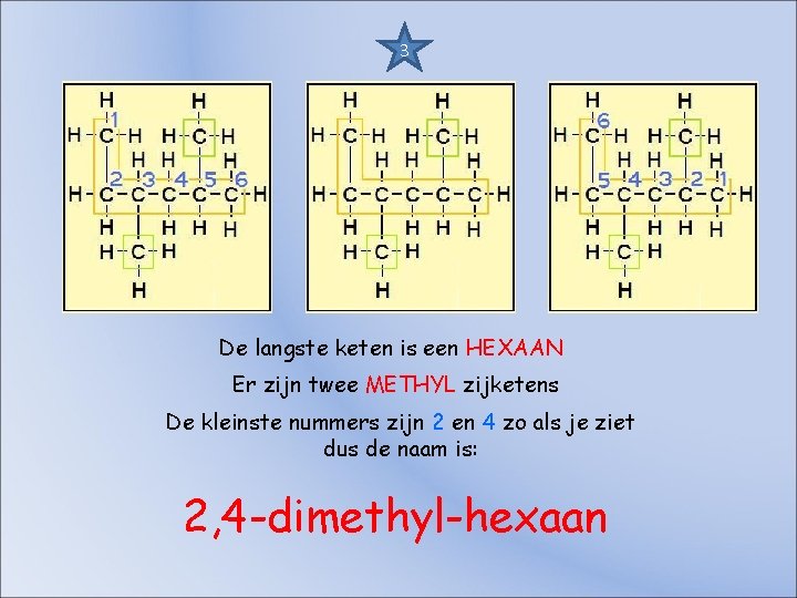 3 De langste keten is een HEXAAN Er zijn twee METHYL zijketens De kleinste 3 De langste keten is een HEXAAN Er zijn twee METHYL zijketens De kleinste