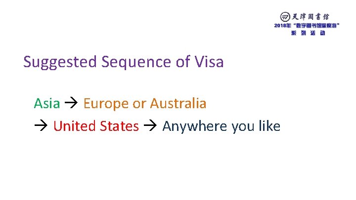 Suggested Sequence of Visa Asia Europe or Australia United States Anywhere you like 