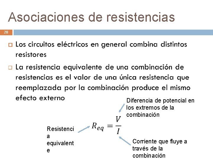 Asociaciones de resistencias 28 Diferencia de potencial en los extremos de la combinación Resistenci