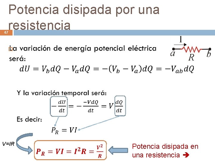 Potencia disipada por una resistencia 47 V=IR Potencia disipada en una resistencia 