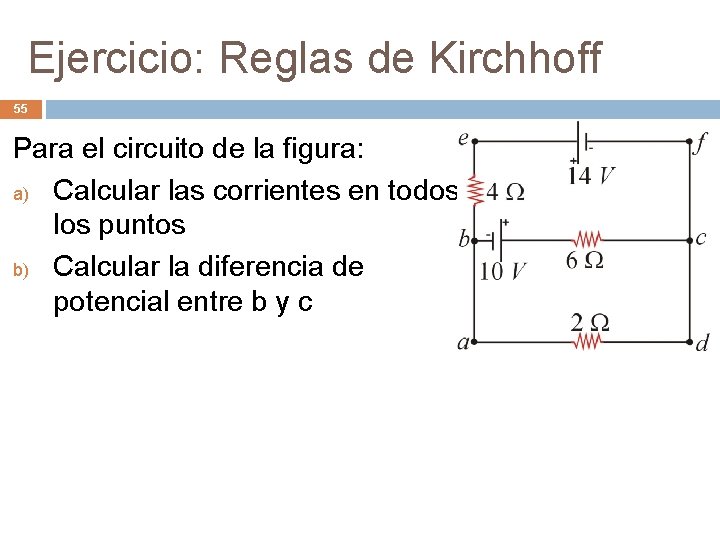 Ejercicio: Reglas de Kirchhoff 55 Para el circuito de la figura: a) Calcular las