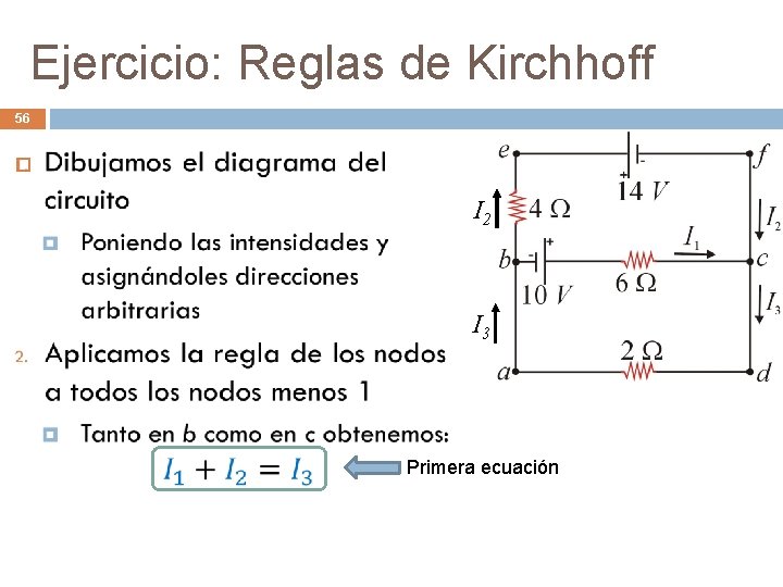 Ejercicio: Reglas de Kirchhoff 56 I 2 I 3 Primera ecuación 