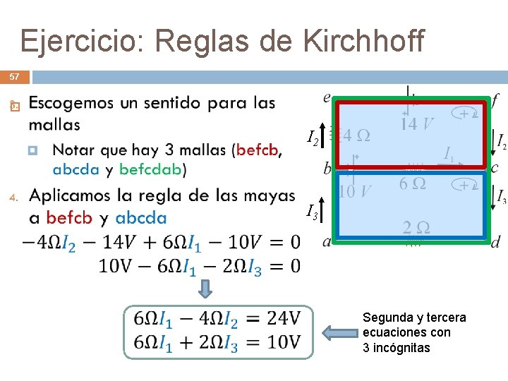 Ejercicio: Reglas de Kirchhoff 57 I 2 I 3 Segunda y tercera ecuaciones con