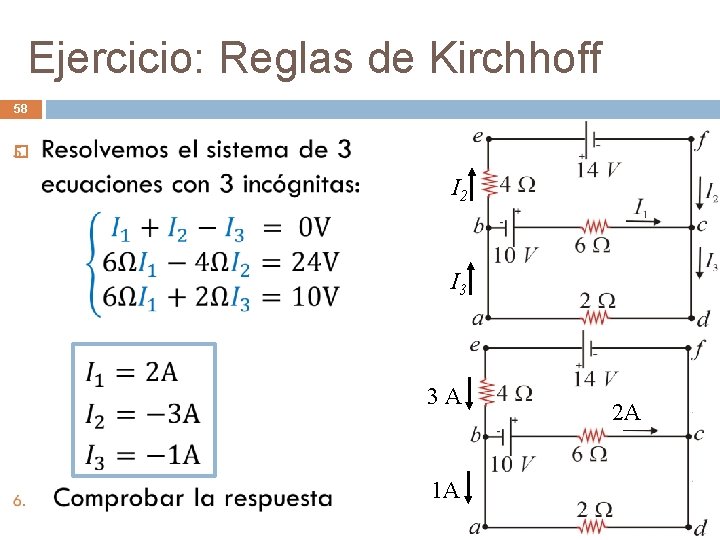 Ejercicio: Reglas de Kirchhoff 58 I 2 I 3 3 A 1 A 2