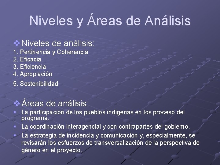 Niveles y Áreas de Análisis v Niveles de análisis: 1. Pertinencia y Coherencia 2.