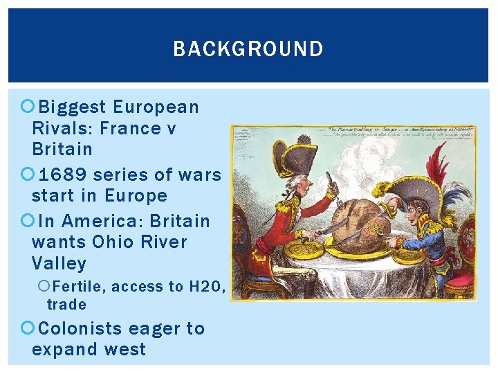 BACKGROUND Biggest European Rivals: France v Britain 1689 series of wars start in Europe