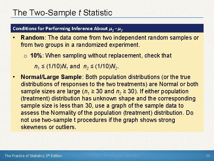 The Two-Sample t Statistic Conditions for Performing Inference About µ 1 - µ 2