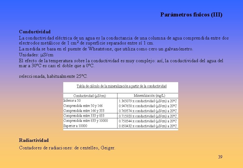 Parámetros físicos (III) Conductividad La conductividad eléctrica de un agua es la conductancia de