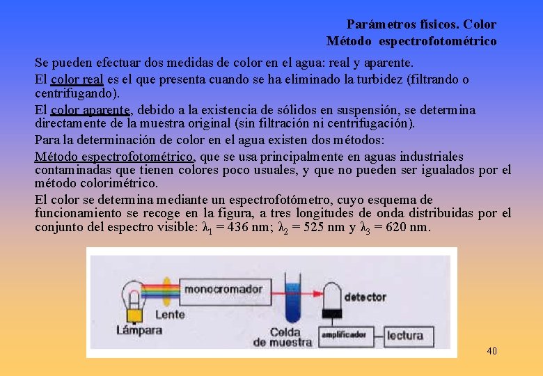 Parámetros físicos. Color Método espectrofotométrico Se pueden efectuar dos medidas de color en el