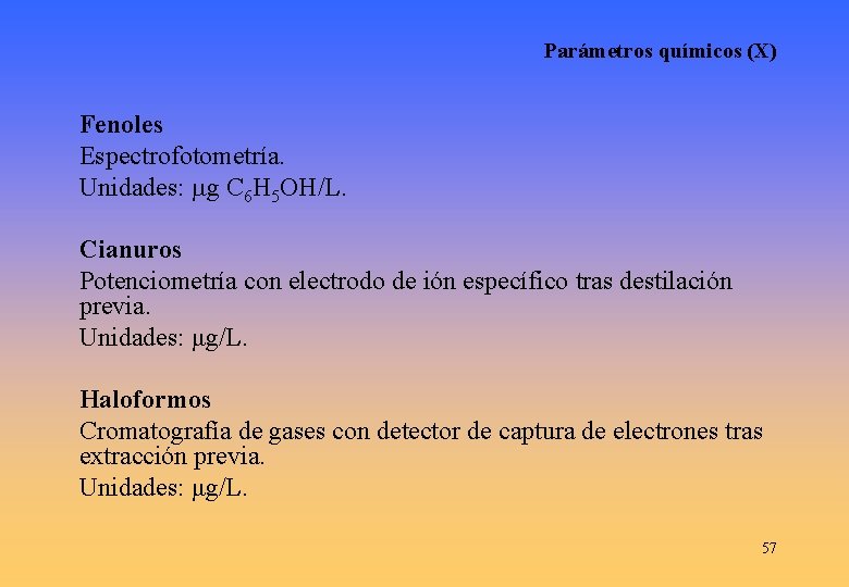 Parámetros químicos (X) Fenoles Espectrofotometría. Unidades: g C 6 H 5 OH/L. Cianuros Potenciometría