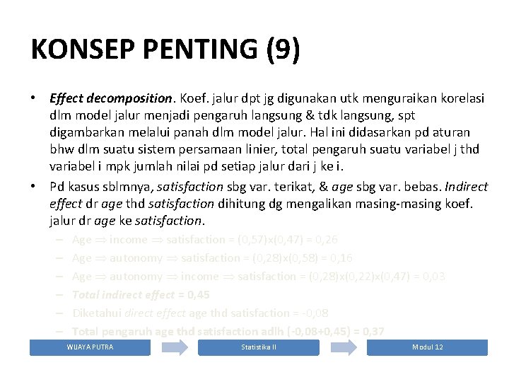 KONSEP PENTING (9) • Effect decomposition. Koef. jalur dpt jg digunakan utk menguraikan korelasi