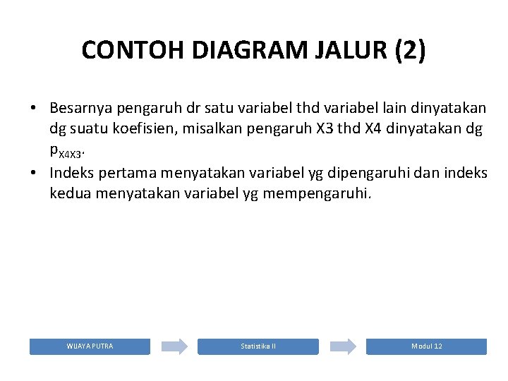CONTOH DIAGRAM JALUR (2) • Besarnya pengaruh dr satu variabel thd variabel lain dinyatakan