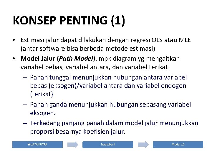 KONSEP PENTING (1) • Estimasi jalur dapat dilakukan dengan regresi OLS atau MLE (antar