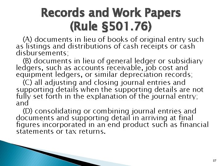 Records and Work Papers (Rule § 501. 76) (A) documents in lieu of books