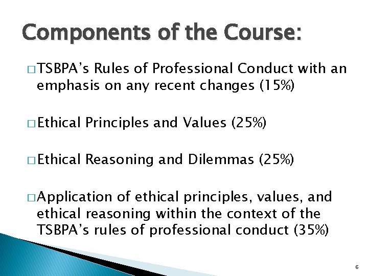 Components of the Course: � TSBPA’s Rules of Professional Conduct with an emphasis on