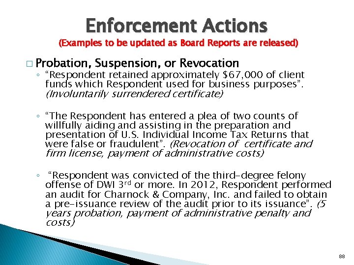Enforcement Actions (Examples to be updated as Board Reports are released) � Probation, Suspension,