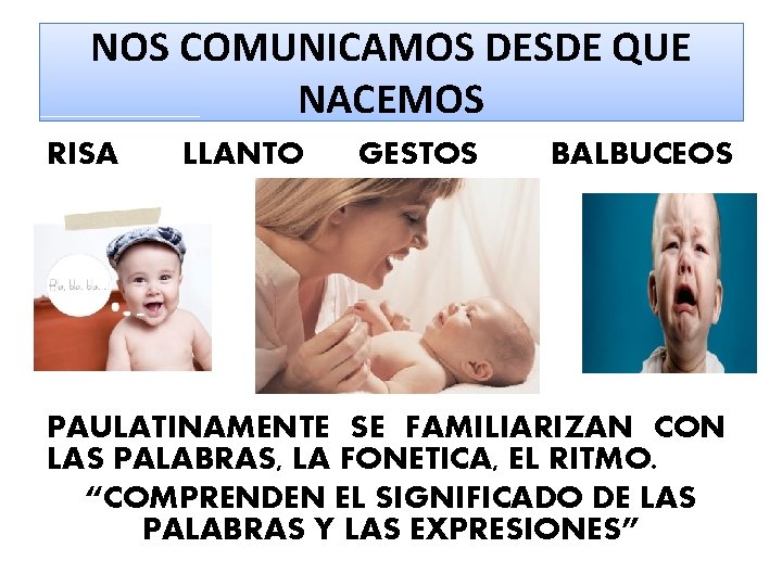 NOS COMUNICAMOS DESDE QUE NACEMOS RISA LLANTO GESTOS BALBUCEOS PAULATINAMENTE SE FAMILIARIZAN CON LAS