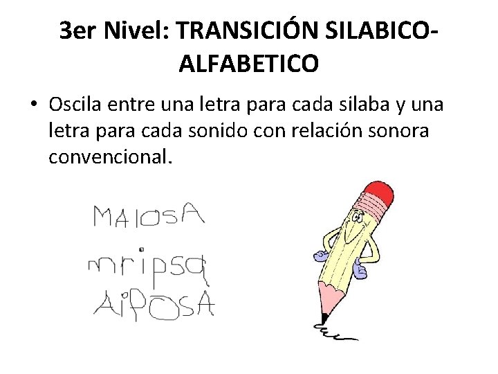 3 er Nivel: TRANSICIÓN SILABICOALFABETICO • Oscila entre una letra para cada silaba y