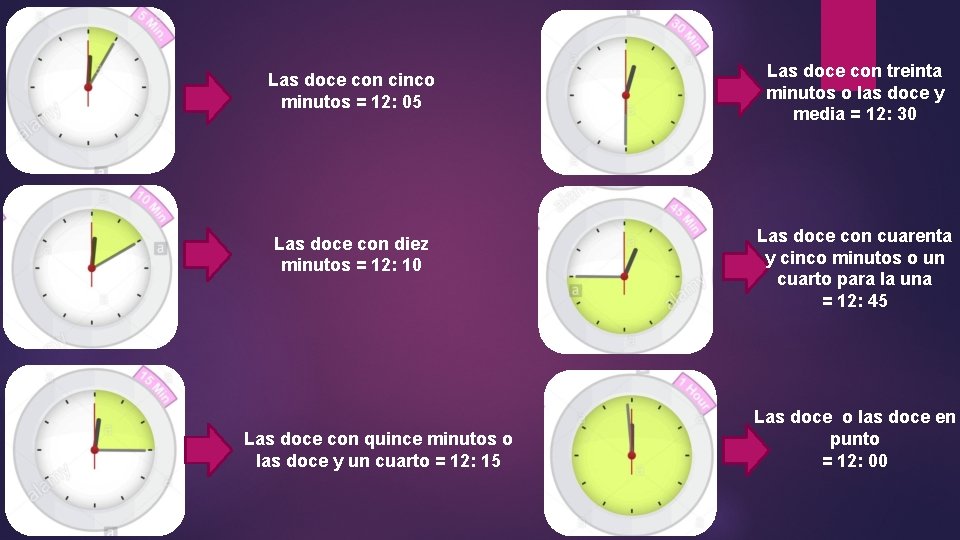 Las doce con cinco minutos = 12: 05 Las doce con diez minutos =