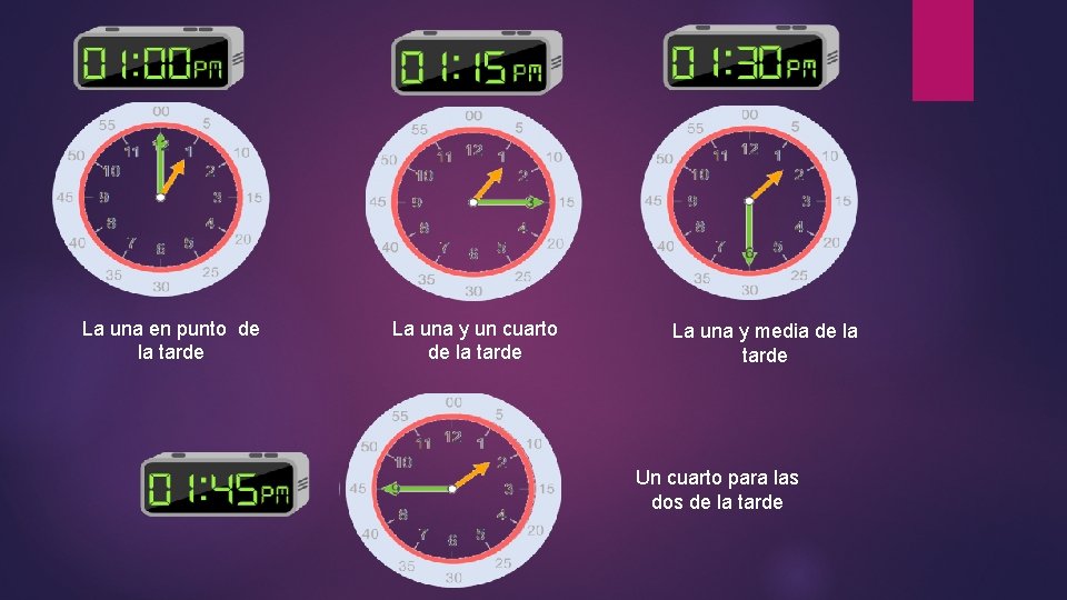 La una en punto de la tarde La una y un cuarto de la