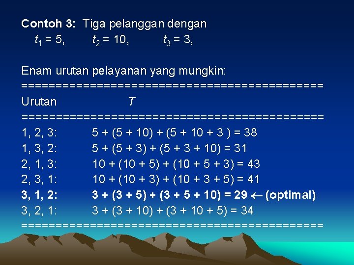 Contoh 3: Tiga pelanggan dengan t 1 = 5, t 2 = 10, t