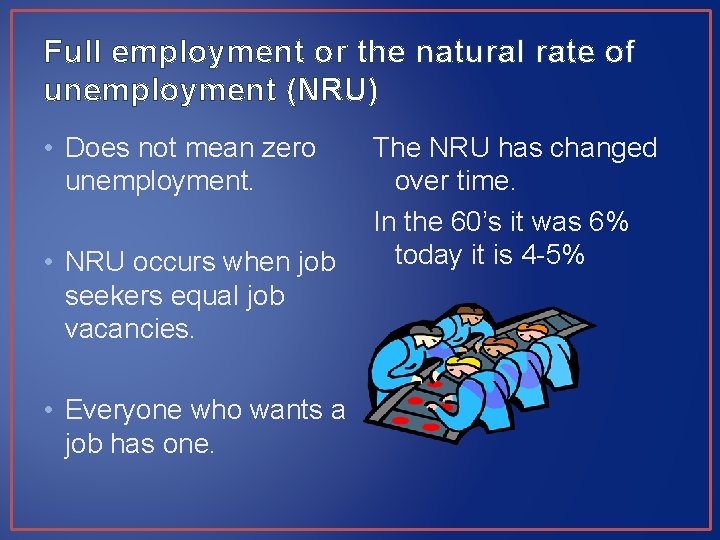 Full employment or the natural rate of unemployment (NRU) • Does not mean zero Full employment or the natural rate of unemployment (NRU) • Does not mean zero