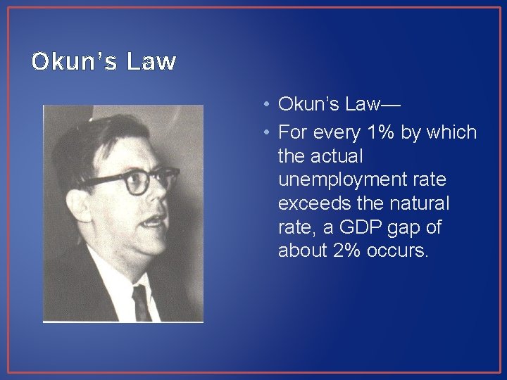 Okun’s Law • Okun’s Law— • For every 1% by which the actual unemployment Okun’s Law • Okun’s Law— • For every 1% by which the actual unemployment