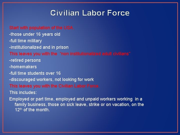 Civilian Labor Force Start with population of the USA. -those under 16 years old Civilian Labor Force Start with population of the USA. -those under 16 years old