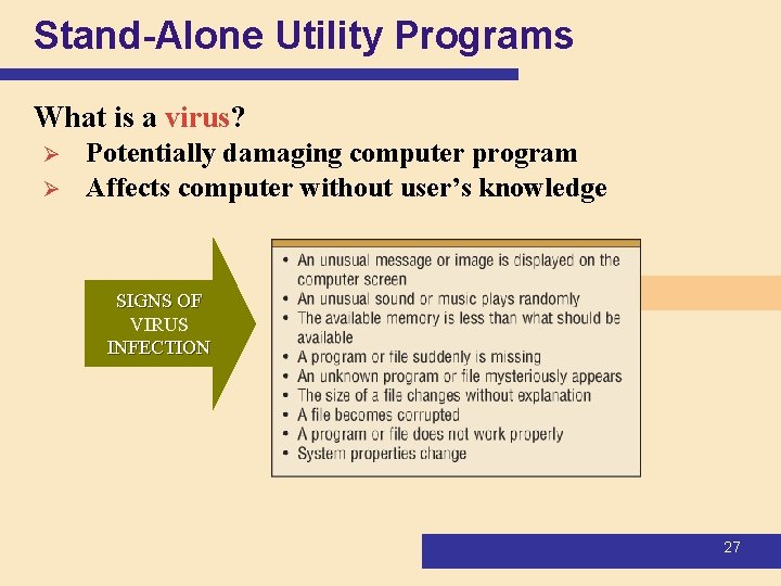 Stand-Alone Utility Programs What is a virus? Ø Ø Potentially damaging computer program Affects Stand-Alone Utility Programs What is a virus? Ø Ø Potentially damaging computer program Affects